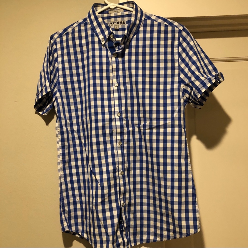 Express Mens White/Blue Plaid Fitted Dress Shirt